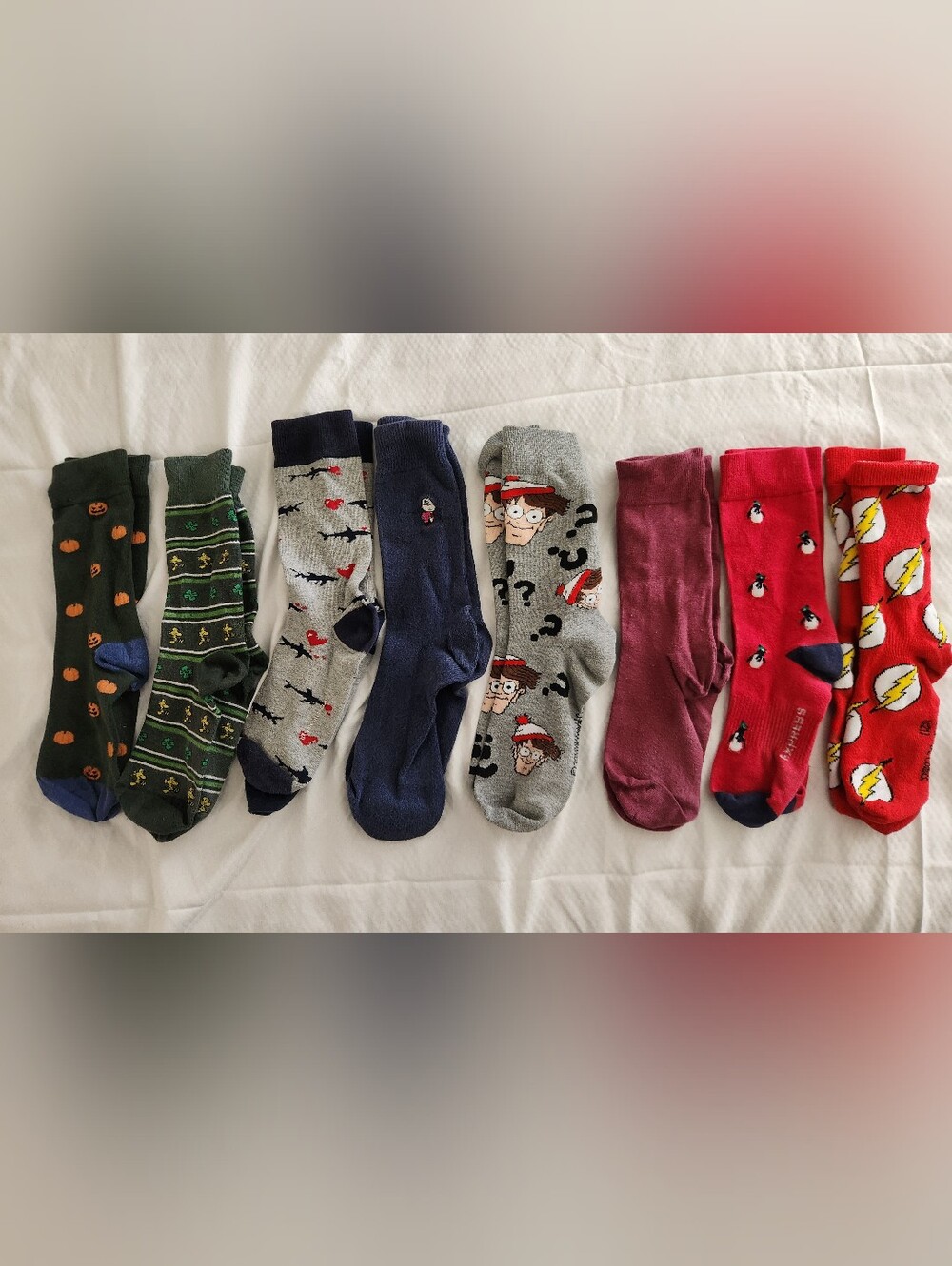 Bundle Of 8 Fun Men's Casual Crew Socks, Waldo, Snoopy, Flash, St Patrick's